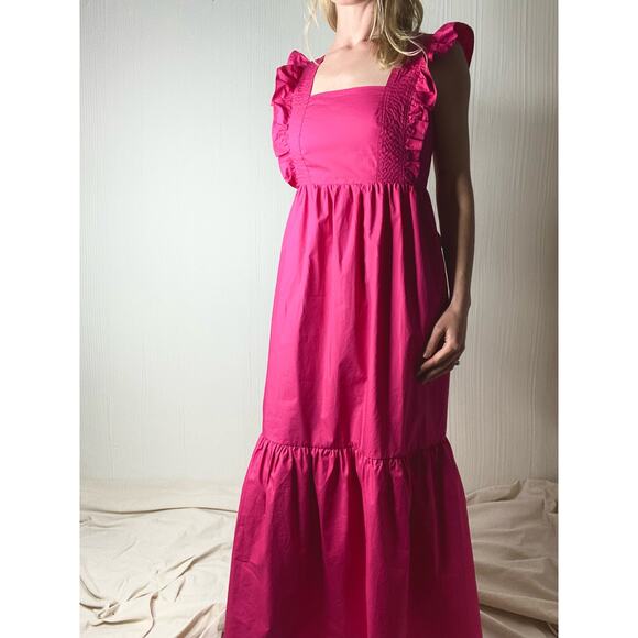 CAARA Ruffle Open Tie Bow Back Cotton Magenta Prairie Maxi Dress NWT US MEDIUM - Picture 7 of 16